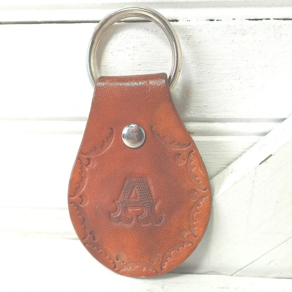 Vintage Leather Keychain Letter A Tooled Stamped Initial Bag Charm Boho Unisex